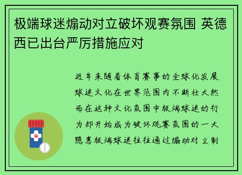 极端球迷煽动对立破坏观赛氛围 英德西已出台严厉措施应对