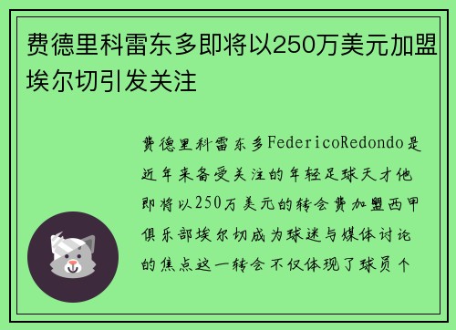费德里科雷东多即将以250万美元加盟埃尔切引发关注