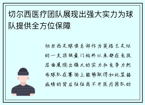 切尔西医疗团队展现出强大实力为球队提供全方位保障