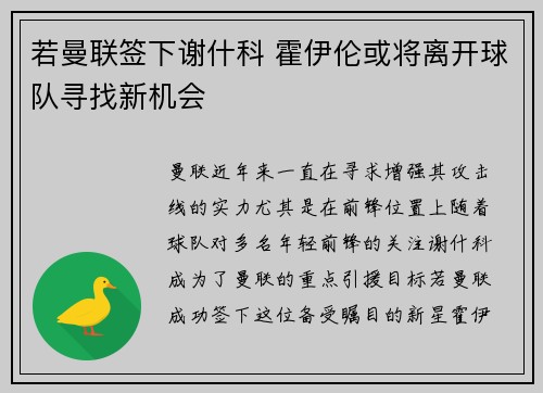 若曼联签下谢什科 霍伊伦或将离开球队寻找新机会